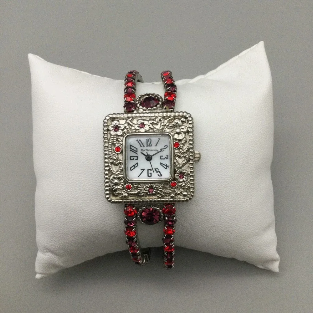 Red Hot Society Watch Women 28mm Silver Tone Red Crystals Stretch New Battery